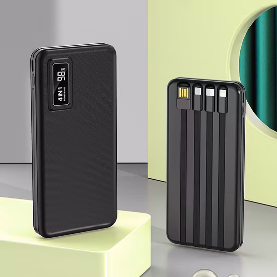 Портативное зарядное устройство Power Bank 10000 мАч поставляется с четырехпроводным блоком питания для быстрой зарядки